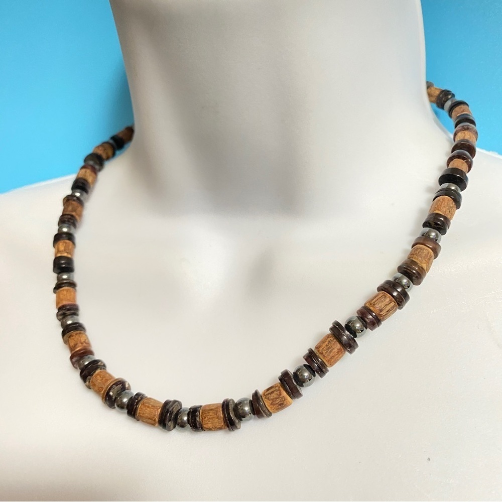 Wood Shell & Hematite Beads Necklace Gender Neutral